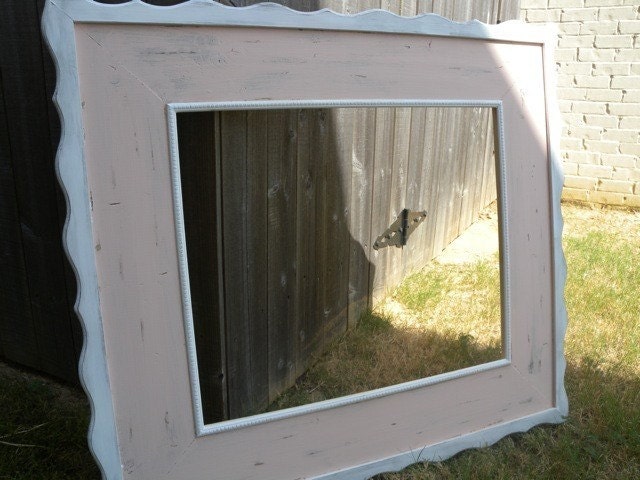 Distressed Mirror 20x24 Frame Wood, Hand painted Pink w/ White wavy trim, Girls Room or Nursery