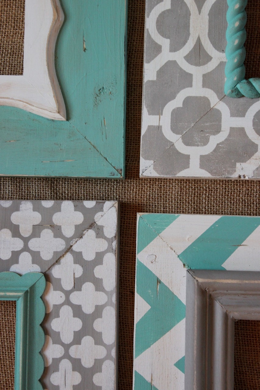 Distressed Frames: Set of Modern Funky Pattern In Grey and Turquoise Table Top or Wall Hanging