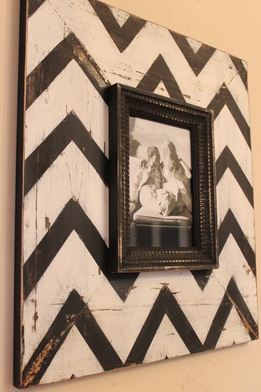 Mod Chevron Distressed Wood Picture Frame Black and White, To be featured on The Nate Berkus Show in May