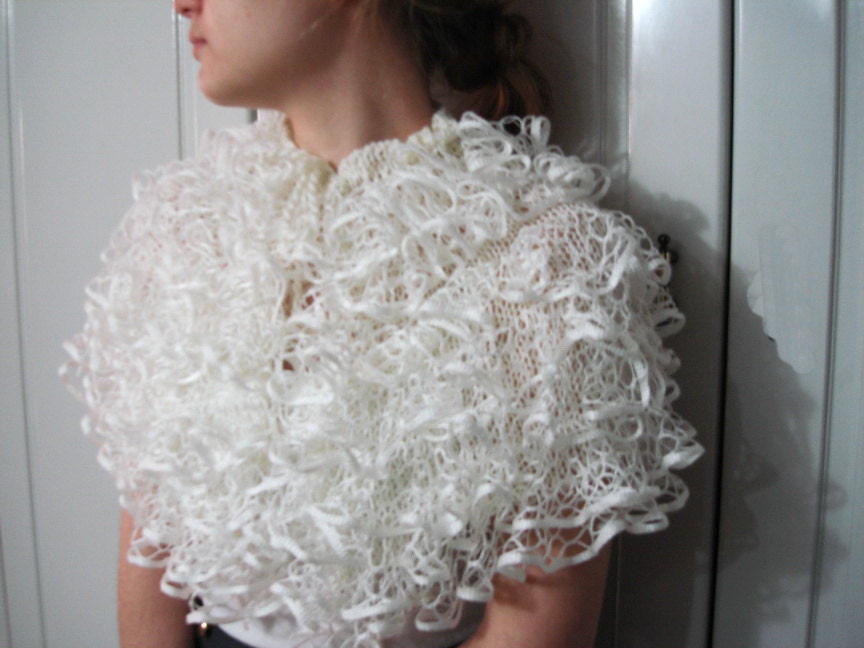 Hand knitted wedding shrug ,frilly wrap, fluffy stole ,ivory cream unique capelet