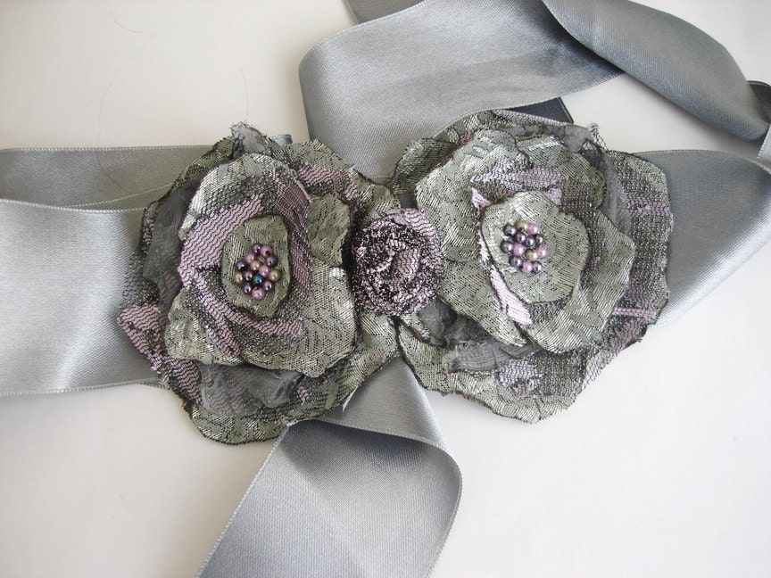 Grey Wedding Sash Belt  Satin Floral accessories - boutiqueseragun