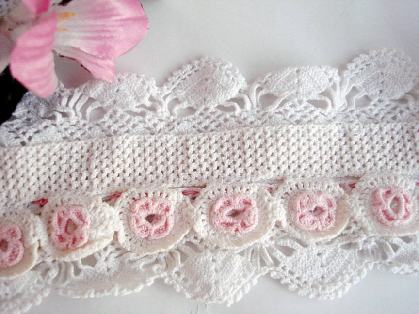 Vintage Crochet lace belt ,floral roses two colored  pastel headband,bridal headpiece
