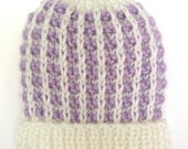 Baby Girl Hat Hand Knit Baby Hat Newborn Infant Hospital Beanie Cap Knitted Lavender Soft Lilac Purple White Handmade
