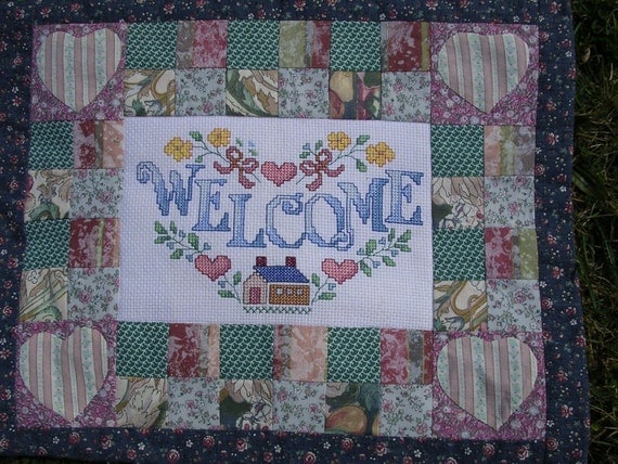 Welcome Wallhanging Crosstitch and Patchwork by HecketyBeckety on Etsy