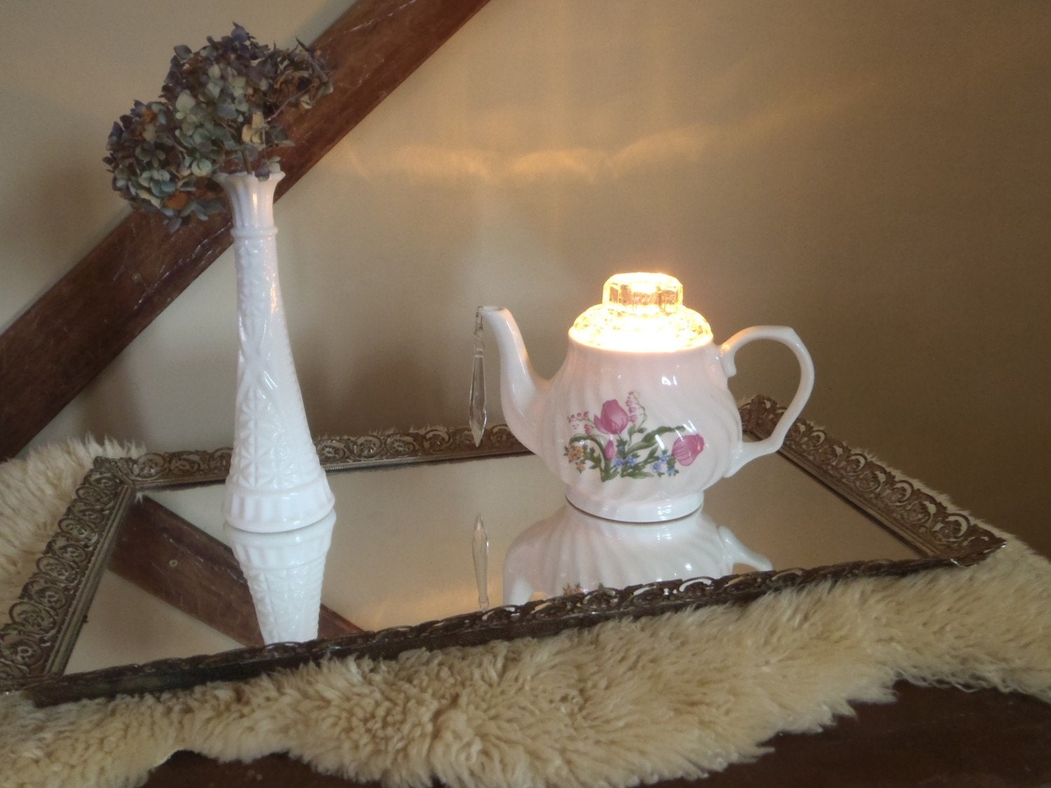 RESERVED Shabby Chic Whimsical Porcelain Teapot Lamp - Boudoir Night Light - Accent Lighting Home Decor