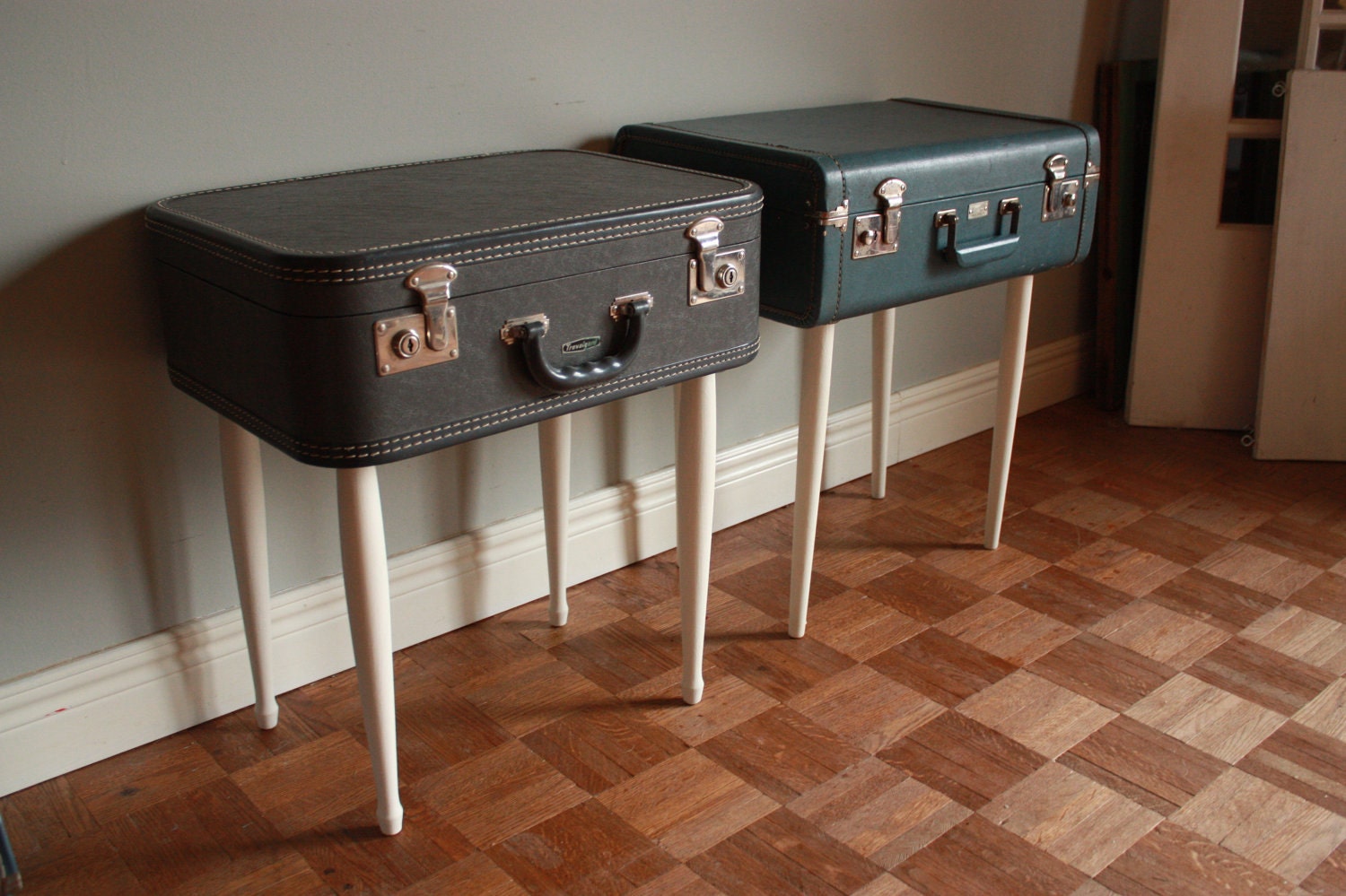 RESERVED FOR KRISTY - Lucky Luggage set of 2 Bedside Suitcase Tables - Blue and White