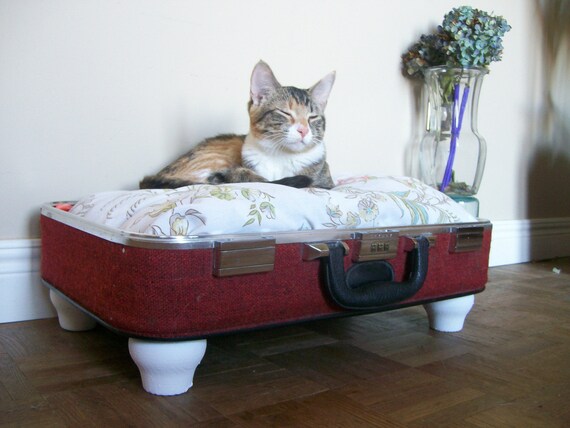 Upcycled Vintage Suitcase Pet Bed - Redish Orange Tweed - Black Handle with White Short Legs - Floral Pillow - Eco Earth Friendly