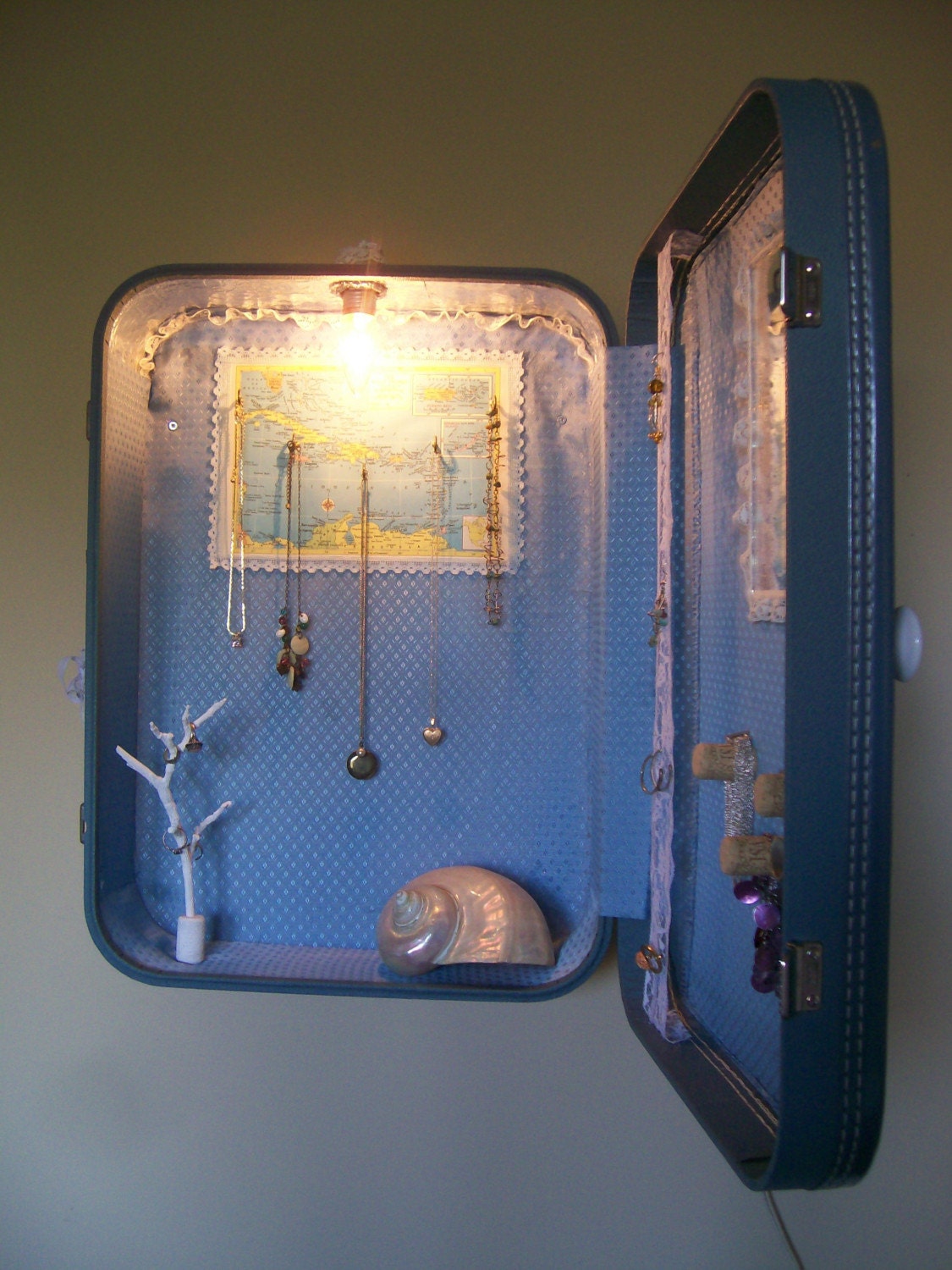 O N S A L E Upcycled Vintage Jewlery Display Box - Blue with White Clematis Painting - Eco Earth Friendly