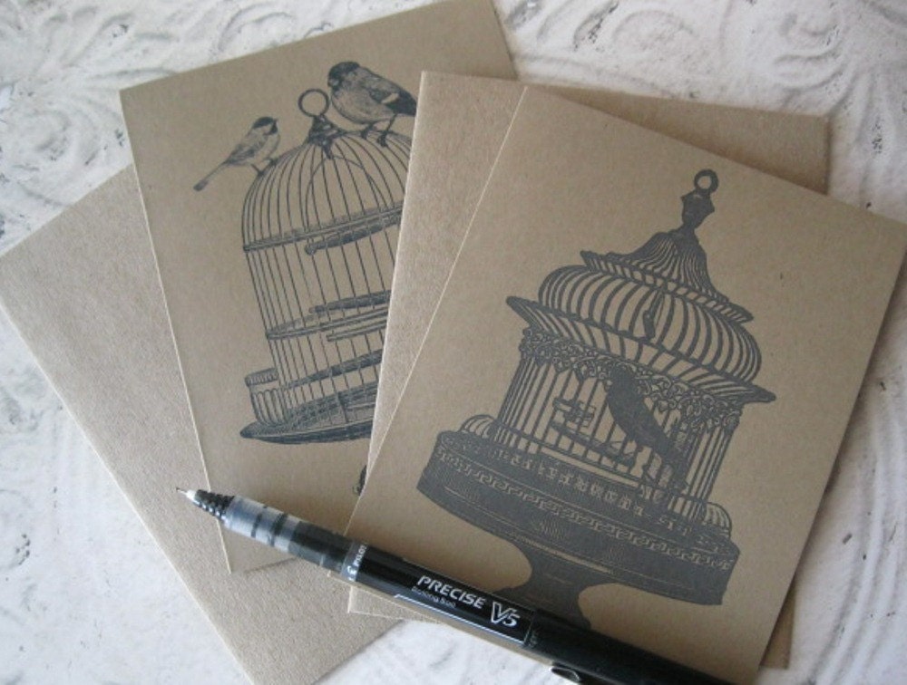 Rustic French Birdcages and Birds Vintage Inspired Notecard Set - 4 Card Set