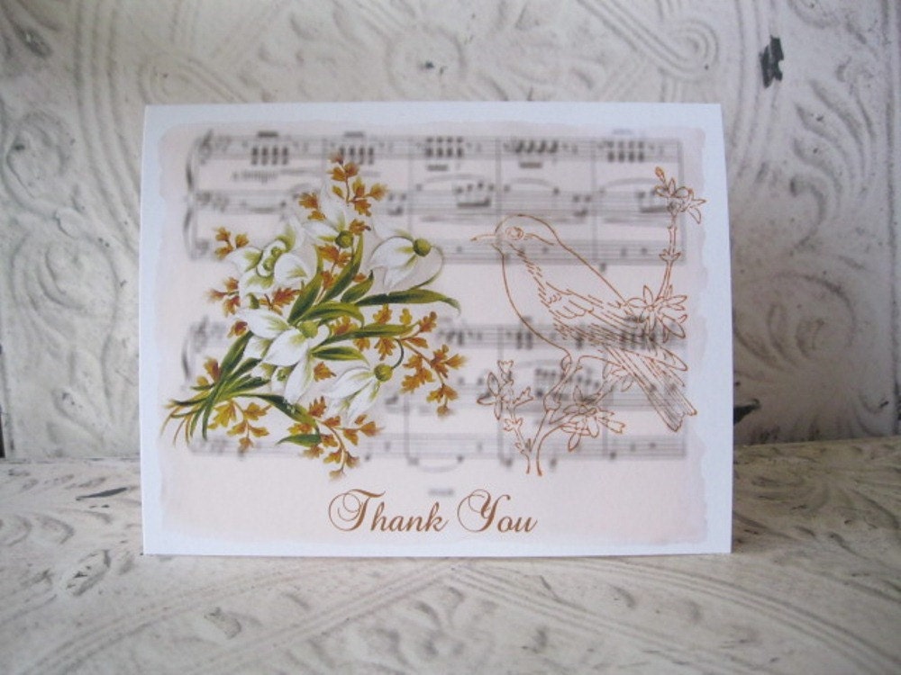 Bird Thank You Notecards -  Vintage Handpainted Flower and Bird Stamped Cards - Set of 6 Thank You Cards