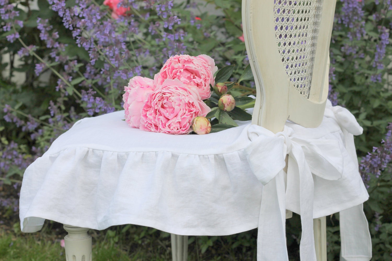 Shabby Chic Slipcover The Isabella Ruffled Linen chair slipcover with ballerina ties White Linen