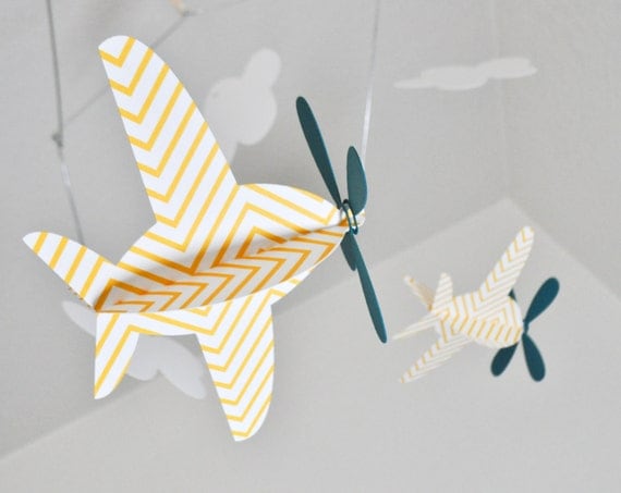 Baby Mobile, Airplanes in Yellow Chevron and Teal