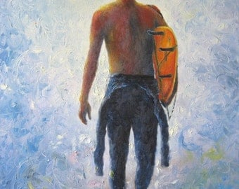 Surfer Art Print, beach boy, surfer wall decor, figure, art, beach, surfing, wetsuit, Vickie Wade art
