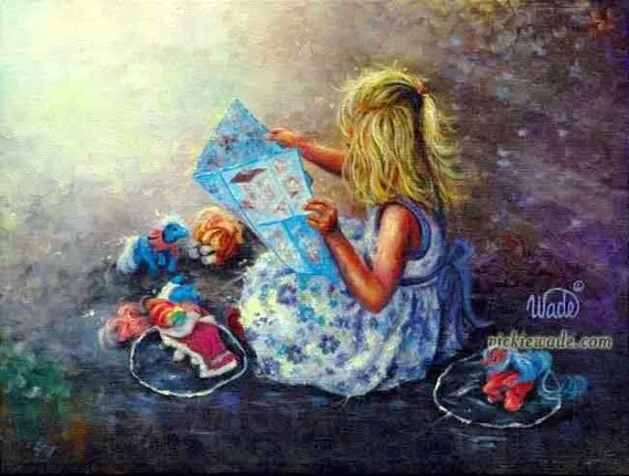Little Treasures Print, Blonde girl, My Little Ponys, little girl, paintings, prints, girls bedroom art, Vickie Wade art