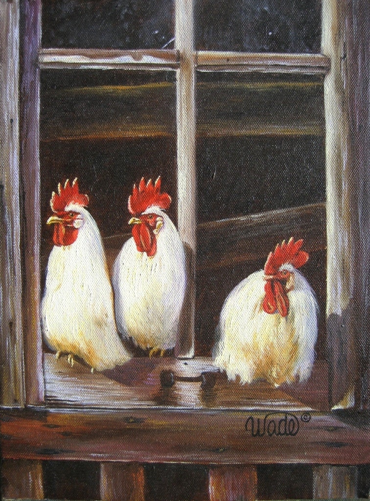 Chickens Art Print, roosters art, chicken paintings, rooster paintings, kitchen art, wall decor, Vickie Wade Art