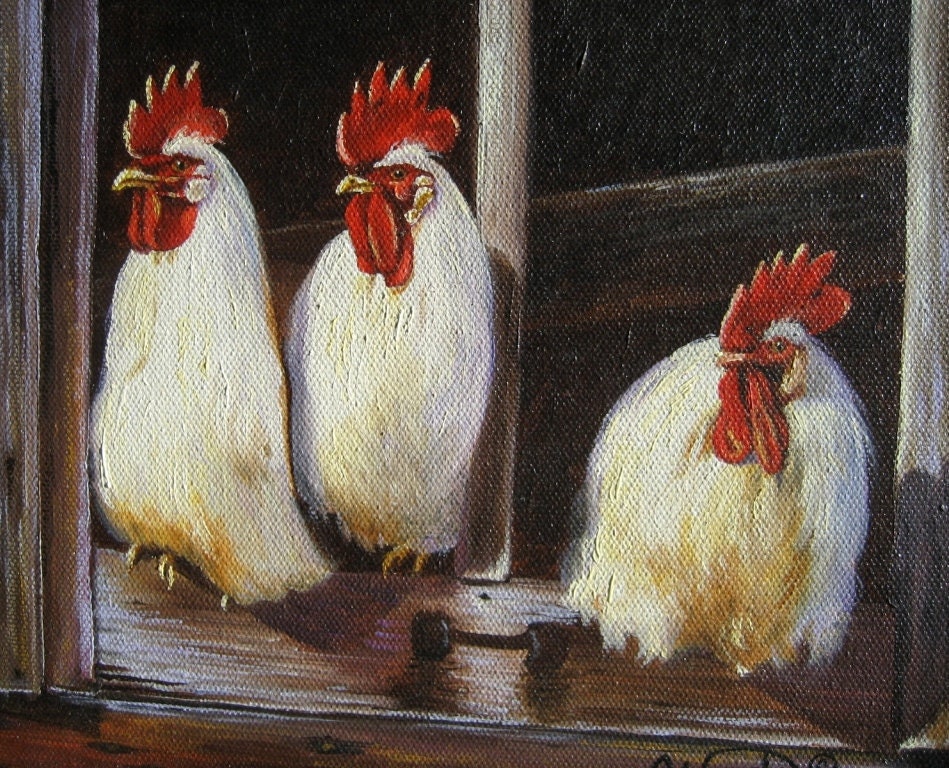 Chickens Art Print, roosters art, chicken paintings, rooster paintings, kitchen art, wall decor, Vickie Wade Art