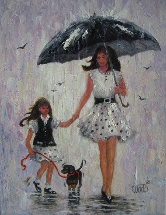 Rain Girls Original Oil Painting, mother and daughter paintings, rain paintings, umbrellas, mom and daughter, Vickie Wade Art
