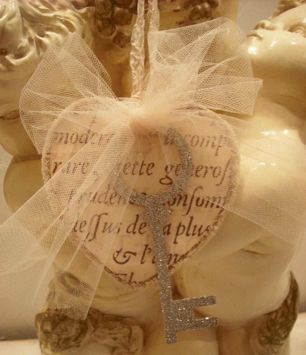 Christmas Ornament...Vintage Inspired French  Key To My Heart/French Script/Tulle/Glittered Key