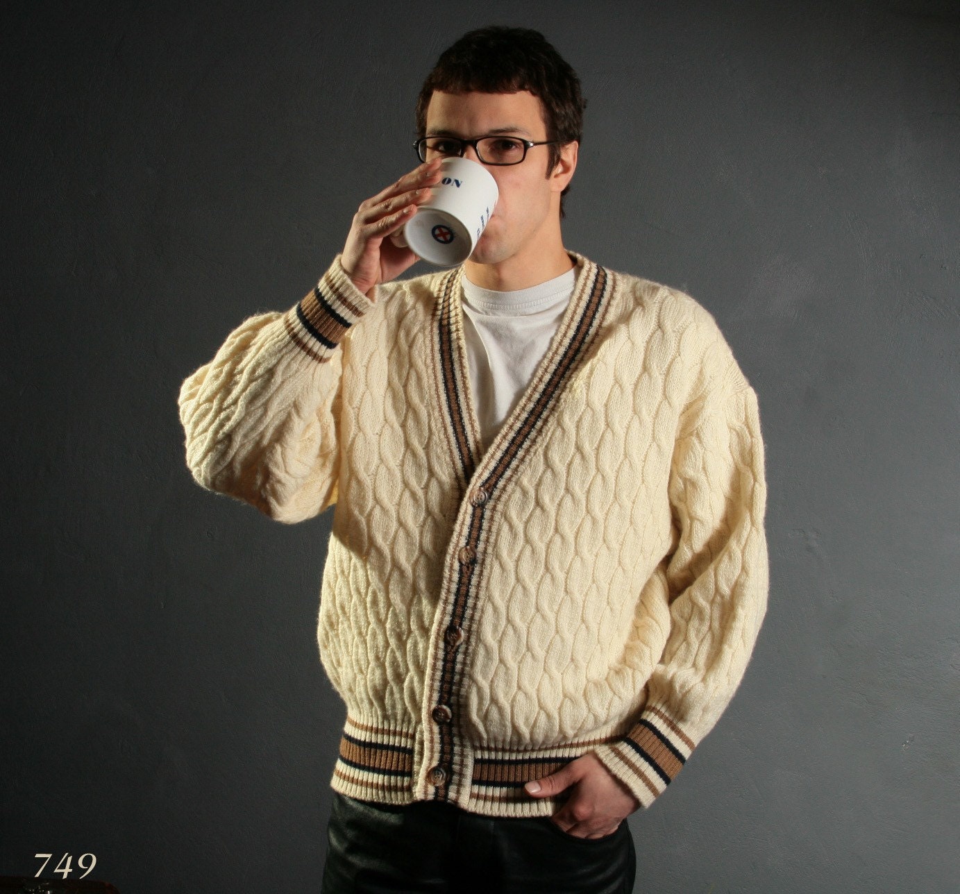 Vintage 1970s Fisherman's Cardigan / Braided Scotish Wool / Medium