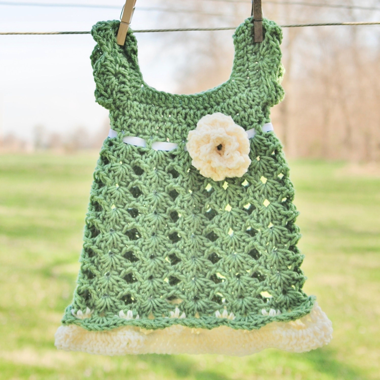 Baby Girl Newborn Outfit Dress Headband Green Cream Ivory Shower gift Photo prop Take home First Outfit Baptism Christening Infant