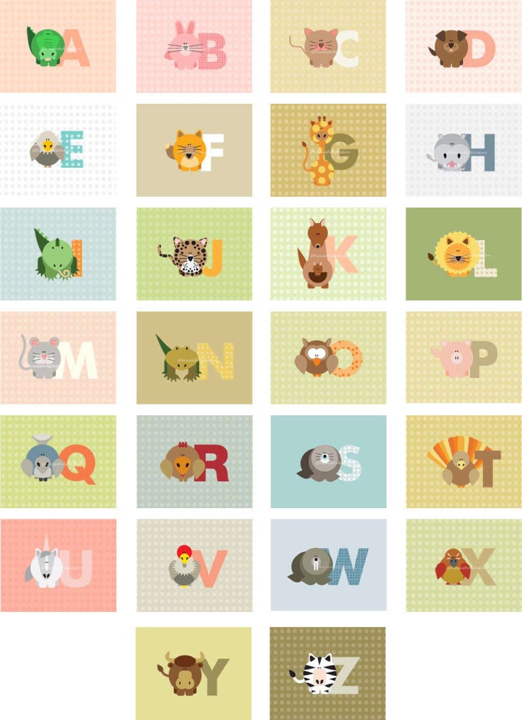 Set of 26 Prints - A-Z Alphabet Animals Illustrations