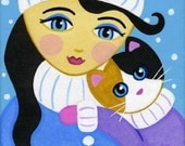 GIRL and Calico CAT Winter Snow Art PRINT from Original Painting by Jill