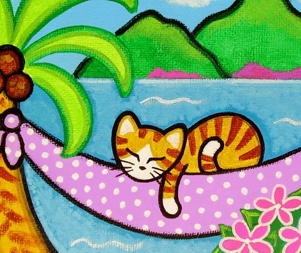 Tropical Orange Tabby CAT on HAMMOCK Art PRINT from Original Painting by Jill
