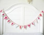 Happy Love Day Valentine Vintage Fabric Bunting Banner, Garland, Pennant Decoration Handmade By A Fête Beckons