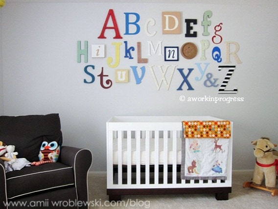 Alphabet Set -Wooden Letters -Alphabet Wall-ABC Wall- PAINTED- 16" to 8" letters various thicknesses
