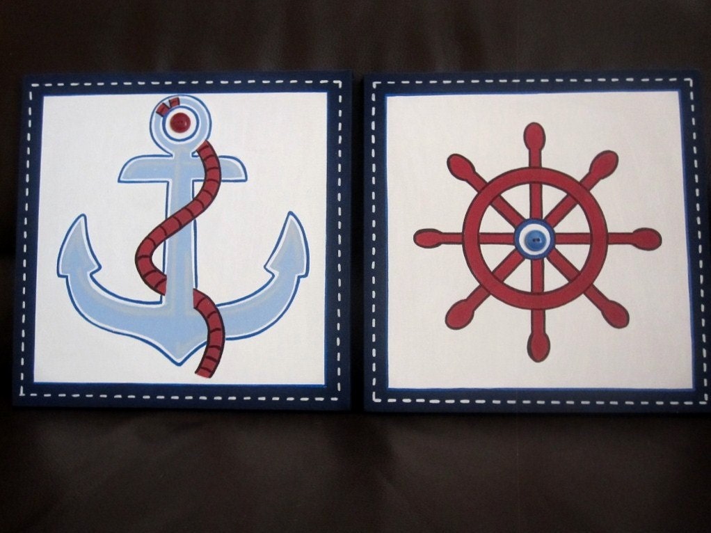 Anchor and Captain's Wheel 2 piece set, 12x12, red, blue and white nautical theme nursery kids wall art