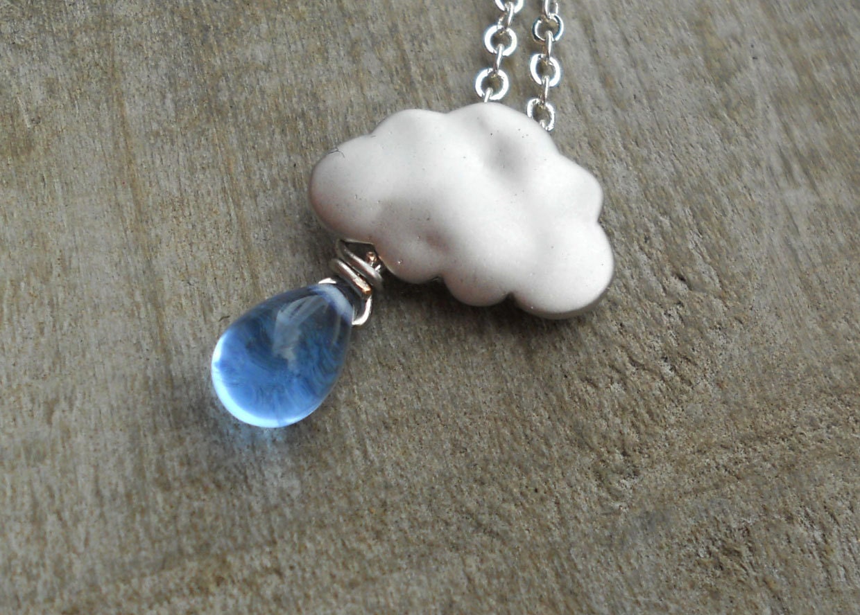 Raindrops on my Head Glass and Silver Raining Cloud Necklace
