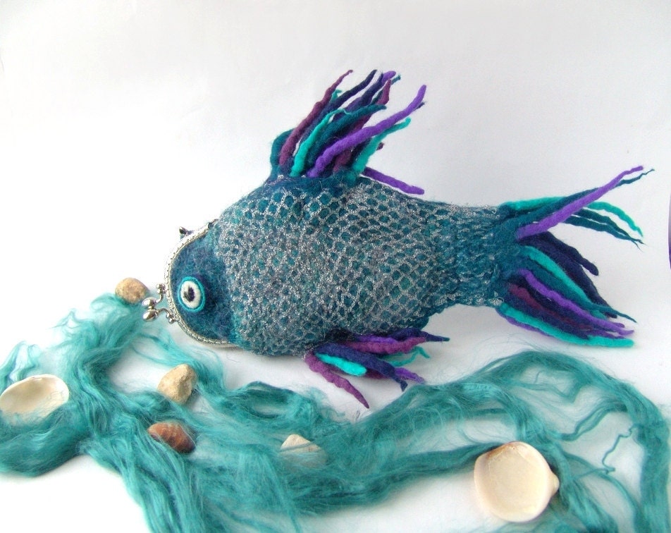 Felted purse cosmetic Fish blue Metal Frame under 50 octopurse