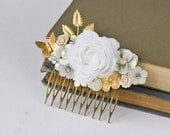Bridal Hair Comb - Bridal Hair Accessories, Wedding Head Piece, White Gold Elegant Shabby Chic Hair Comb, Vintage Spring Summer