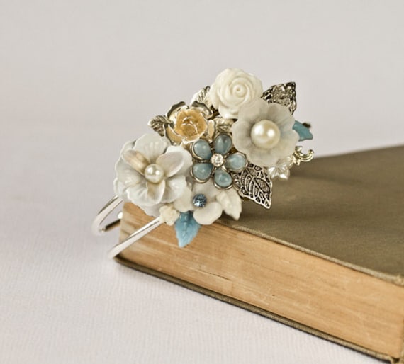 Reserved for Leanna - Shabby Chic Bracelet, Something Old, Vintage Bracelet, Something Blue Wedding Jewelry, Bridesmaid Gift Bracelet