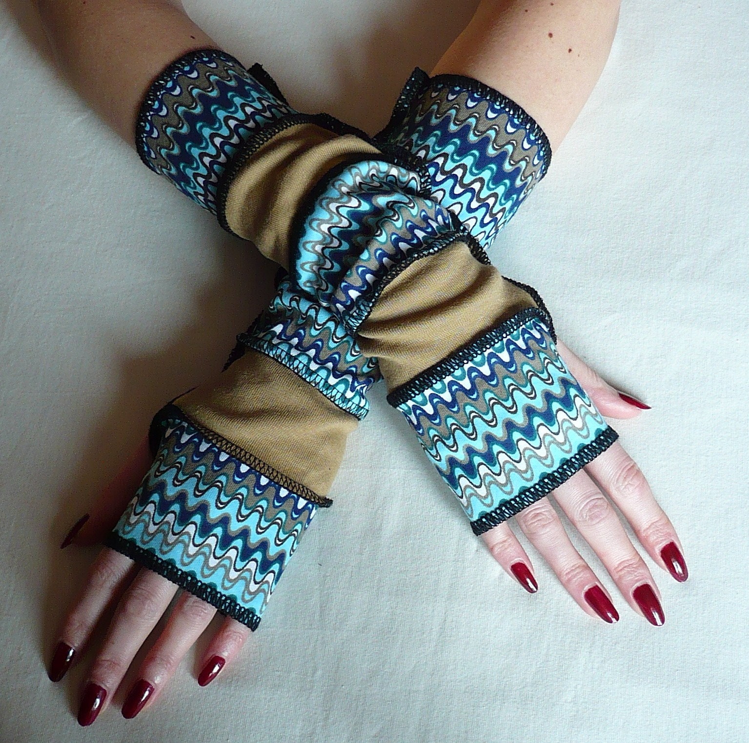 Segmented Armwarmers in Upcycled Look, Fingerless Gloves, Punk Harajuku Style Beige,Sea Green, Rustical , Sleeves with Thumb Hole