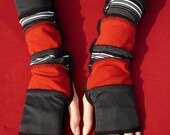 Trendy Jersey Armwarmers in Black, Grey, Dark Red, Striped Segmented Fingerless Gloves with Thumb Hole, Spring, Dance, Hippie