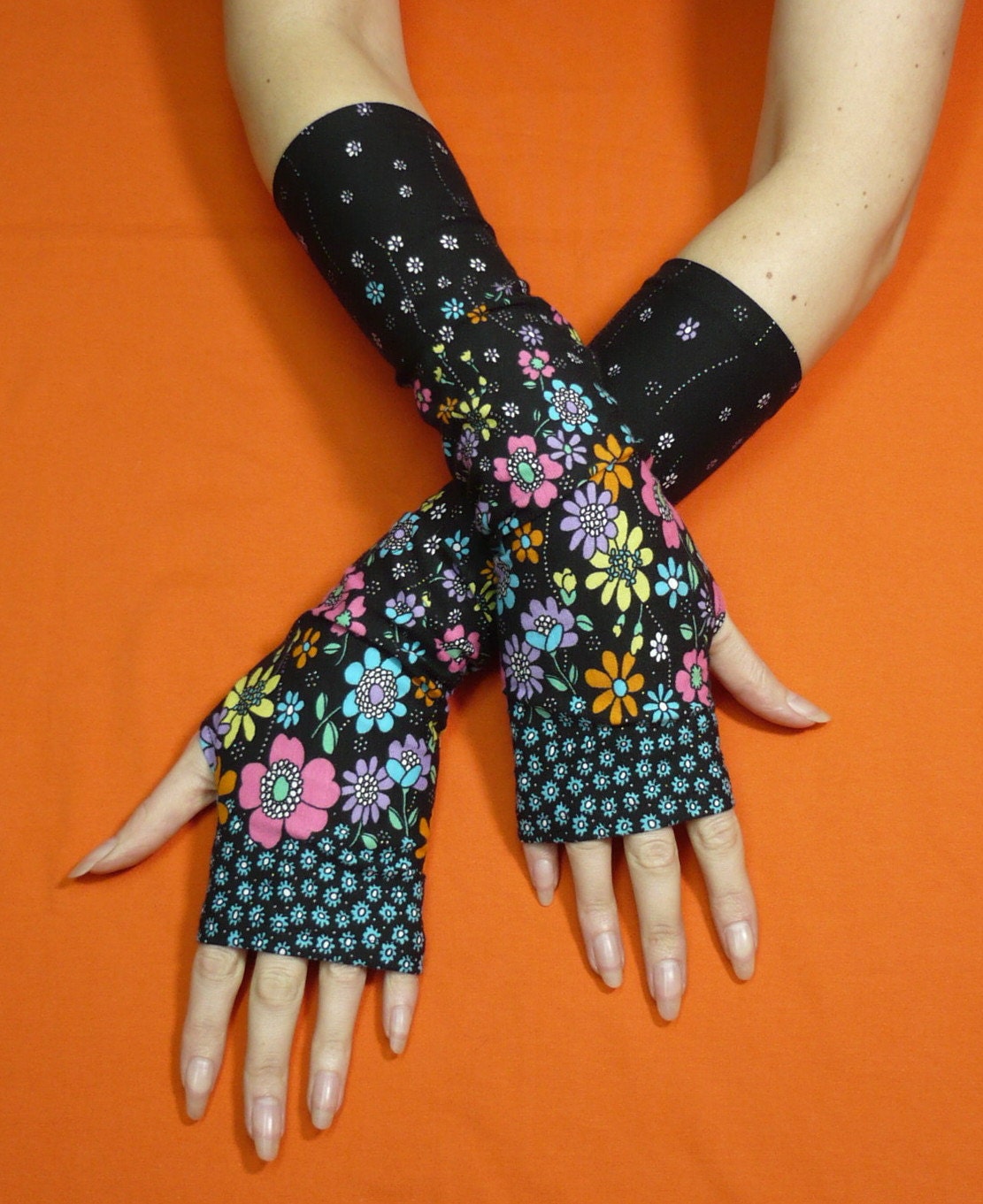 Colorful Boho Gloves, Black Flower Printed Armwarmers, Fingerless, Gypsy, Multicolor Dance Sleeves, Hippie
