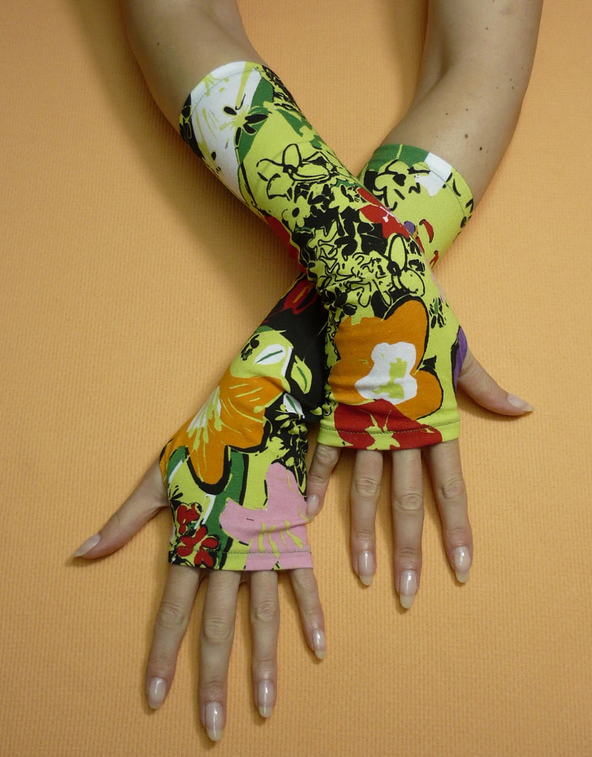 Fingerless Spring Gloves, Multicolor Jersey Armwarmers, Boho, Flowered Hippie Sleeves, Green and Orange