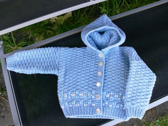Hand knitted made sheep wool, thick and warm hoodie cardigan. For 1 to 2 years old boy (12 to 24 months). Free shipping.