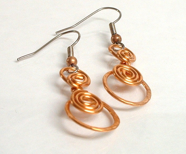 Copper Wire Wrapped Swirl Dangle Earrings