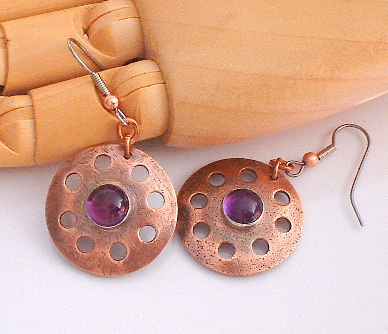 Copper Disk and Amethyst  Dangle Earrings