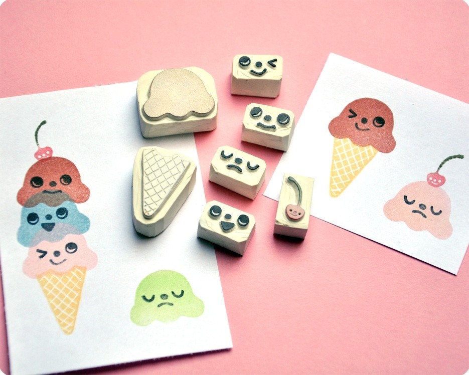 Ice cream changing face hand carved rubber stamp set of 7