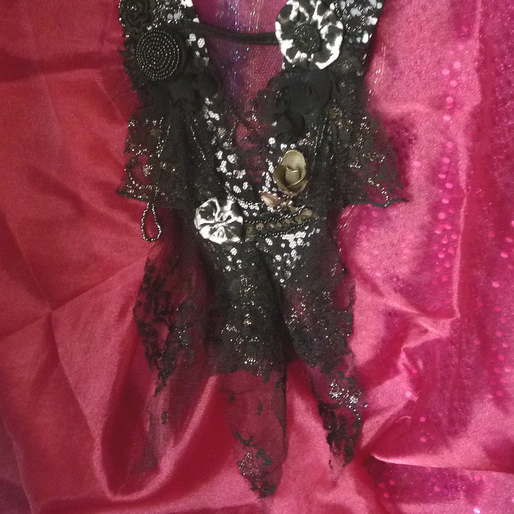 RESERVED For Jen ONLY Black and Silver Lace Beaded Fabric Necklace by mystic2awesome