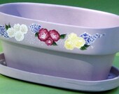 ARTIST MOVING SALE Hand Painted Purple Herb Pot Planter - Oblong, Dainty Multi Colored Roses, Incl. Saucer - Mothers Day Summer Housewarming