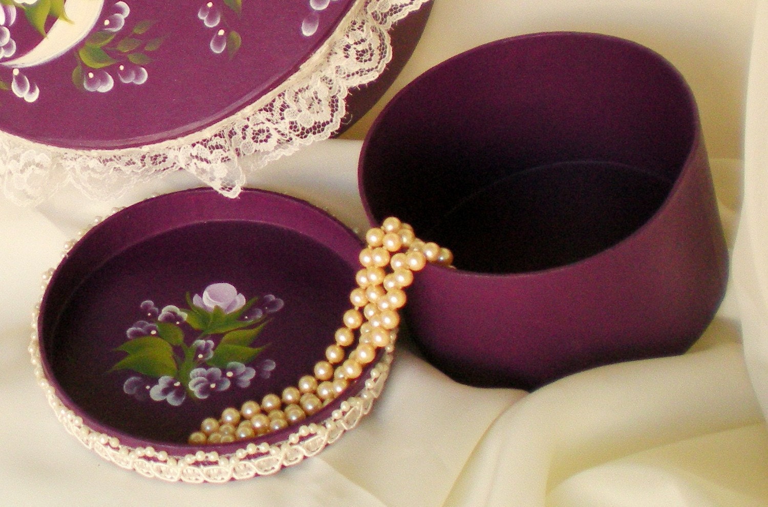 Hand Painted Jewelry Box - Deep Purple with Lavender Rose Buds, Pearl Lace Trim - Feminine Romantic Gift Girls First Jewelry Box 4.5 In.