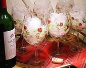 Hand Painted Wine Glasses  - Abstract Red Rose Design with Green Stems, Set of 8 Glassware Handpainted Rustic Wedding Glassware