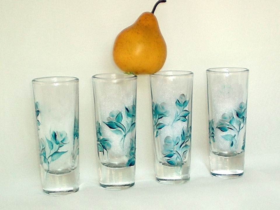 Painted Shot Glasses Contemporary Teal and Metallic Silver - Set of 4 Hand Painted Turquoise Silver Roses Cordial