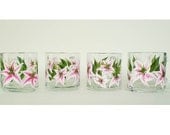 HandPainted Coffee Tea Mugs, Pink n White Star Gazer Lily - Bright Fuschia Hostess Mothers Day Housewarming, Set of 4