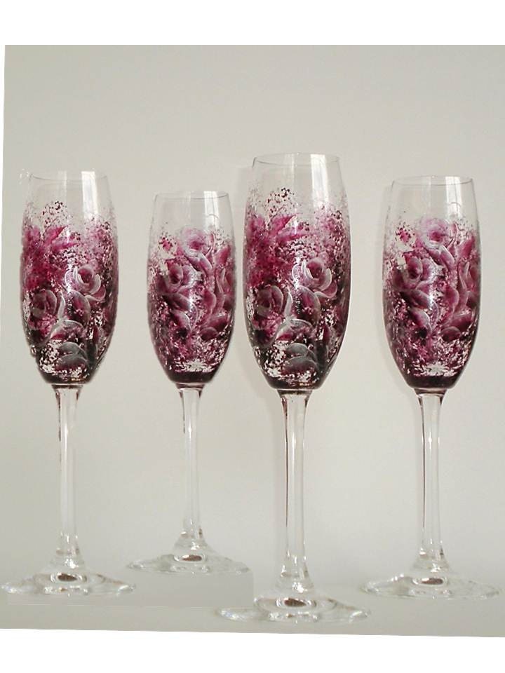 Wedding Toast Champagne Flutes - Hand Painted Rich Berry Purple and Metallic Silver Roses - CRYSTAL Set of 4 Winter Wine Glasses