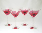 Painted Glassware Cocktail Martini Margarita Glasses - Hand Painted Red Poppies Set of 4 - Spring Wedding Party